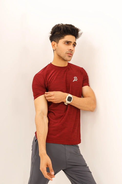 LB-Maroon Stretchable Textured Fabric T-Shirt LookBuy247