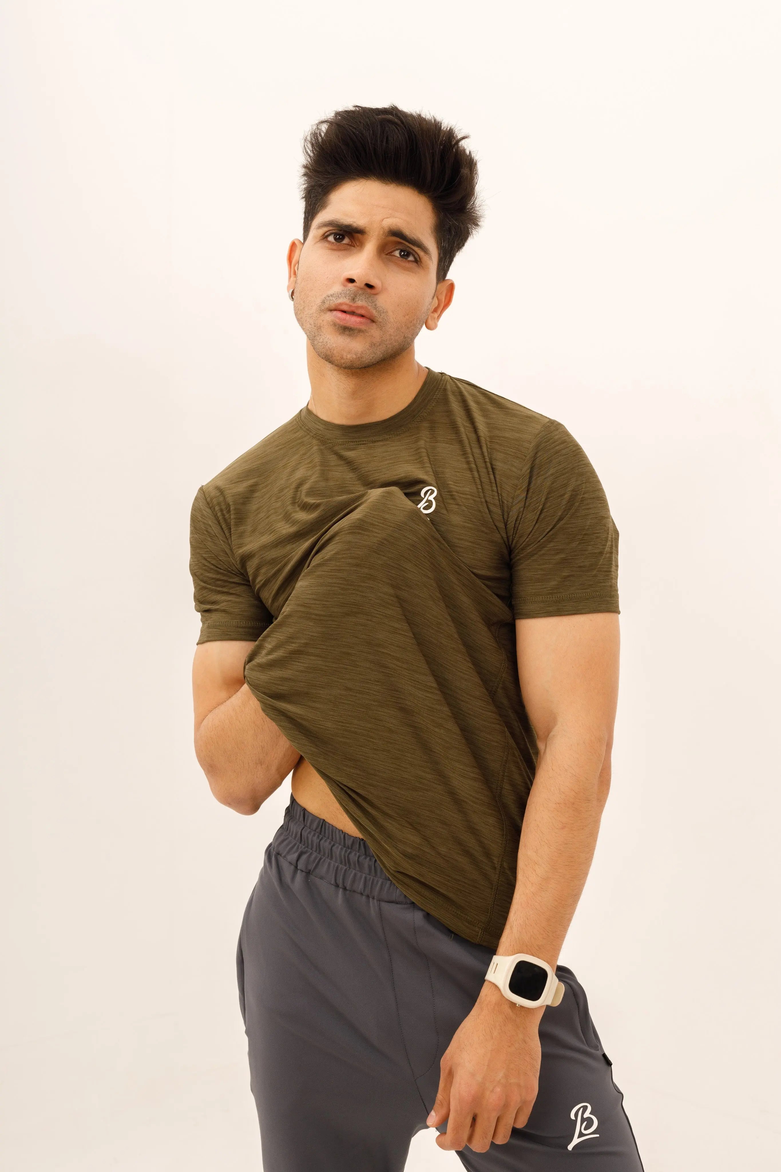LB-Dark Comando Green Stretchable Textured Fabric T-Shirt LookBuy247