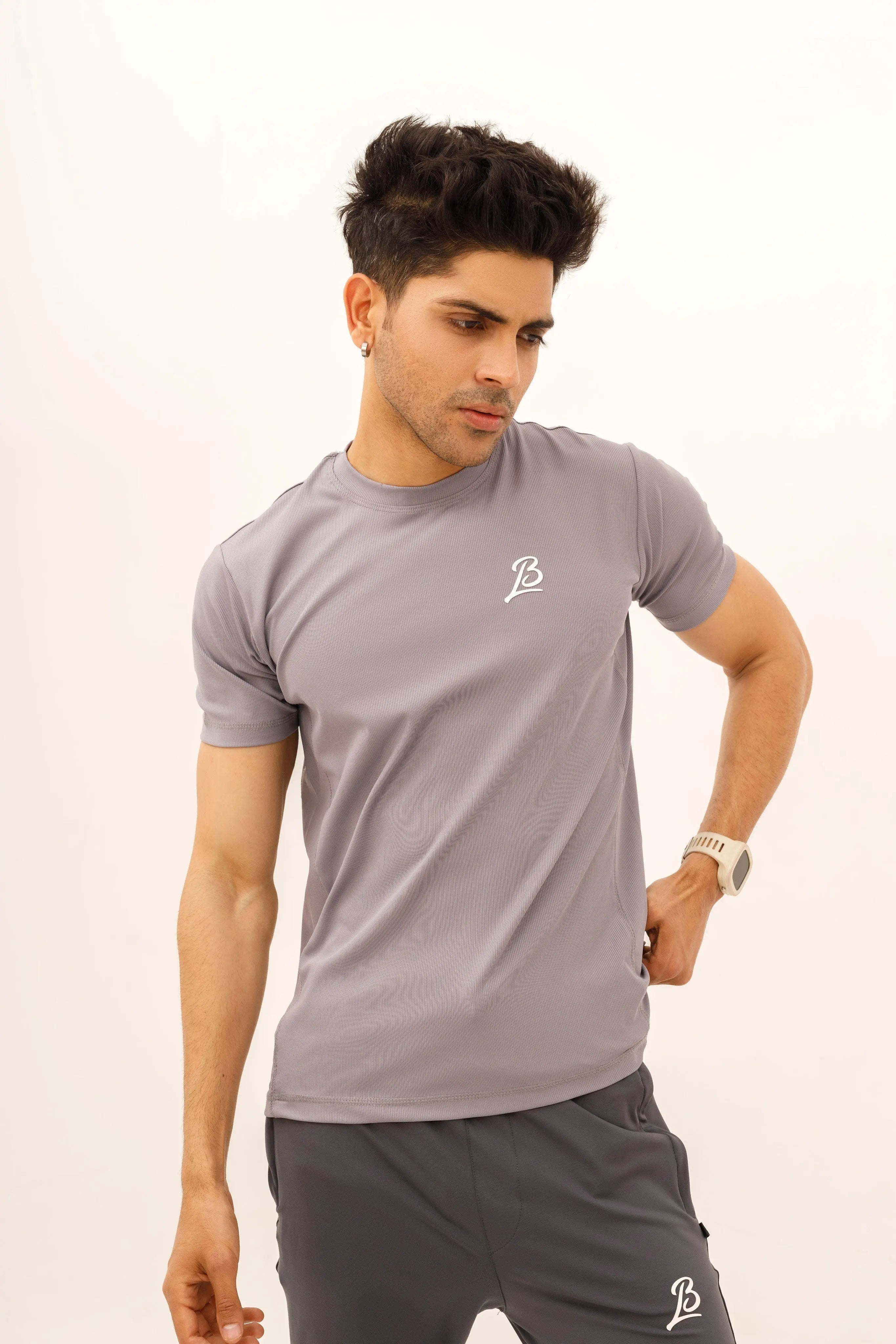 LB-Gray Lining Stretchable Fabric T-Shirt LookBuy247