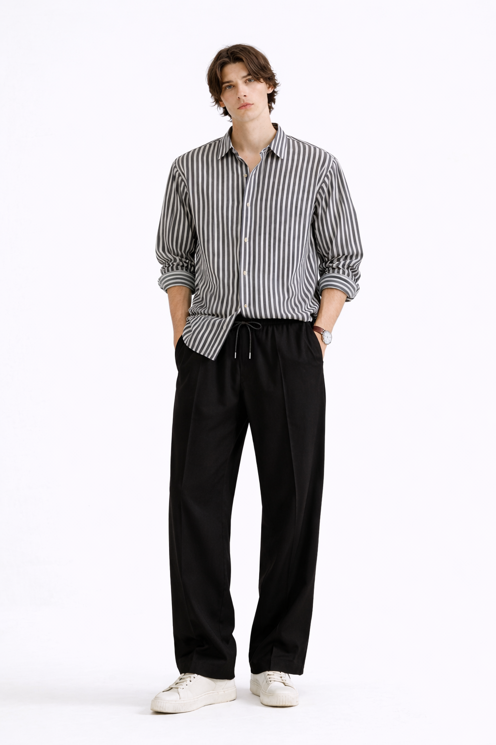 Charcoal Grey and White Striped Button-Up Shirt