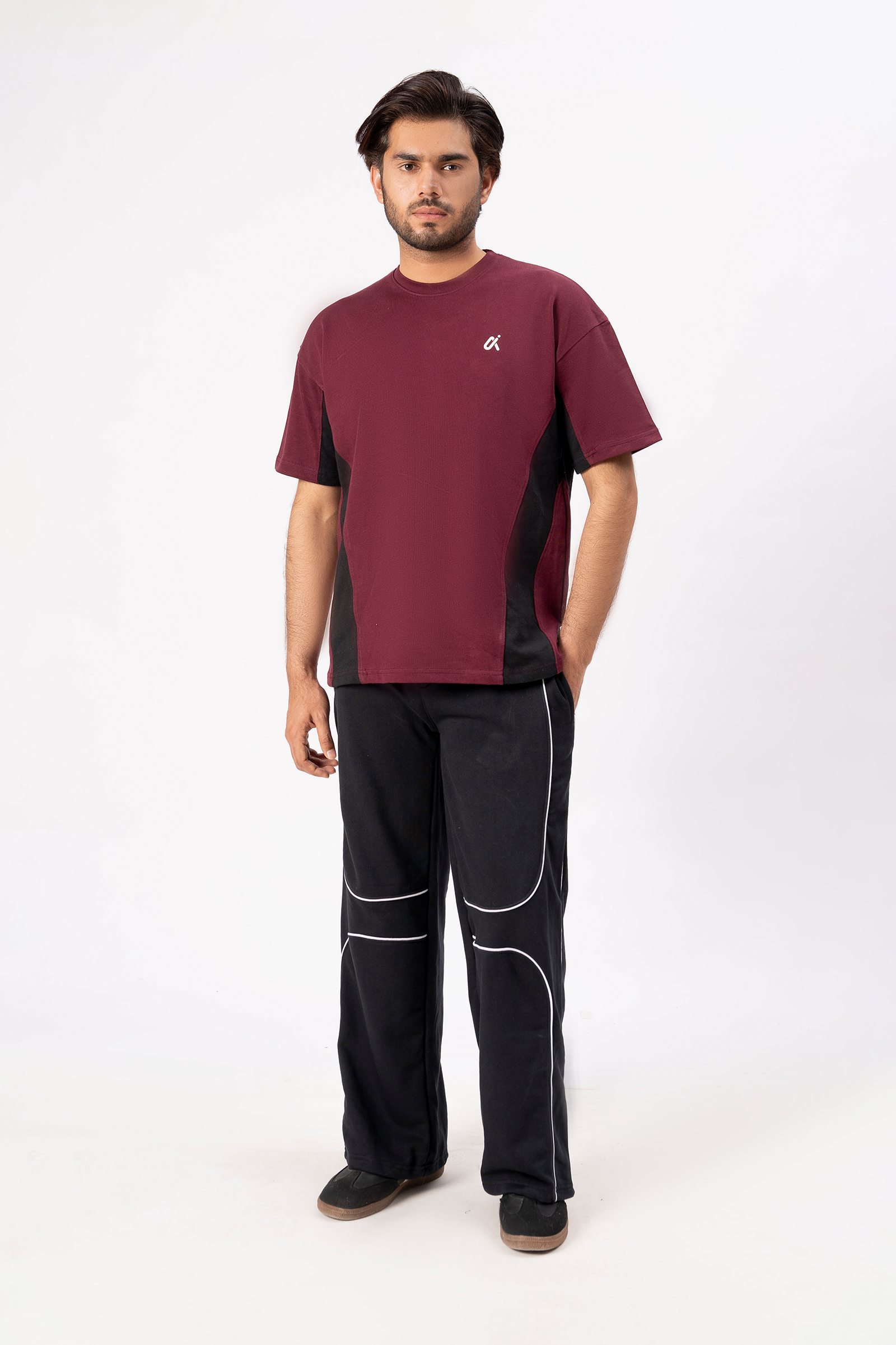 Contrast Panel Performance T-Shirt – Maroon & Black