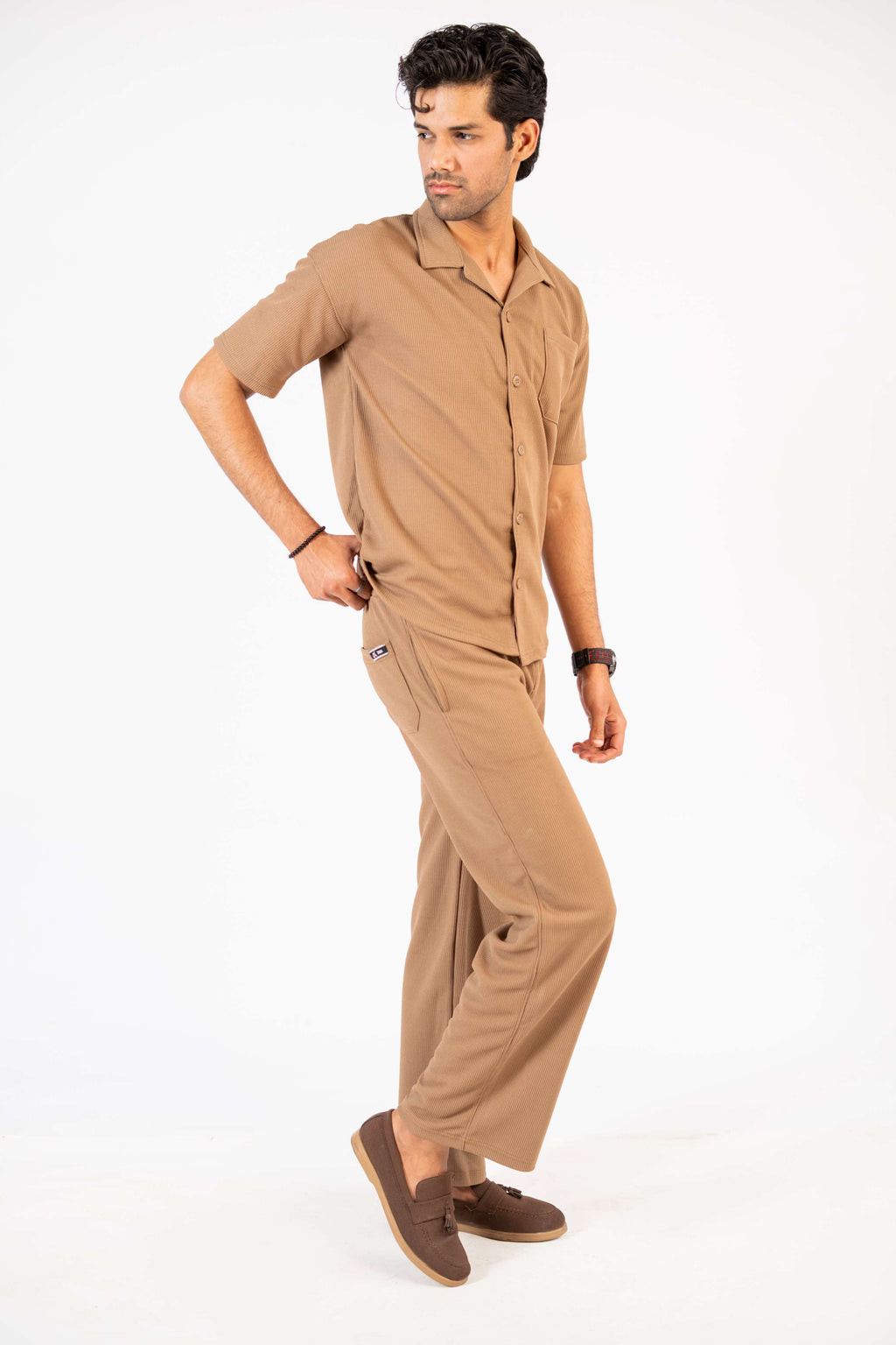 Waffle Coffee Brown Half-Sleeve Safari Suit for Men B5