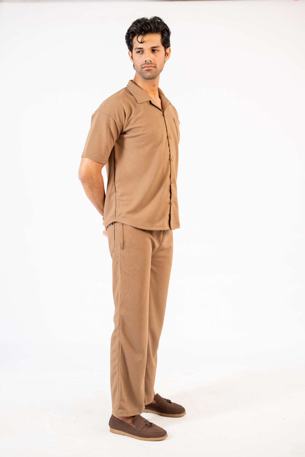 Waffle Coffee Brown Half-Sleeve Safari Suit for Men B5