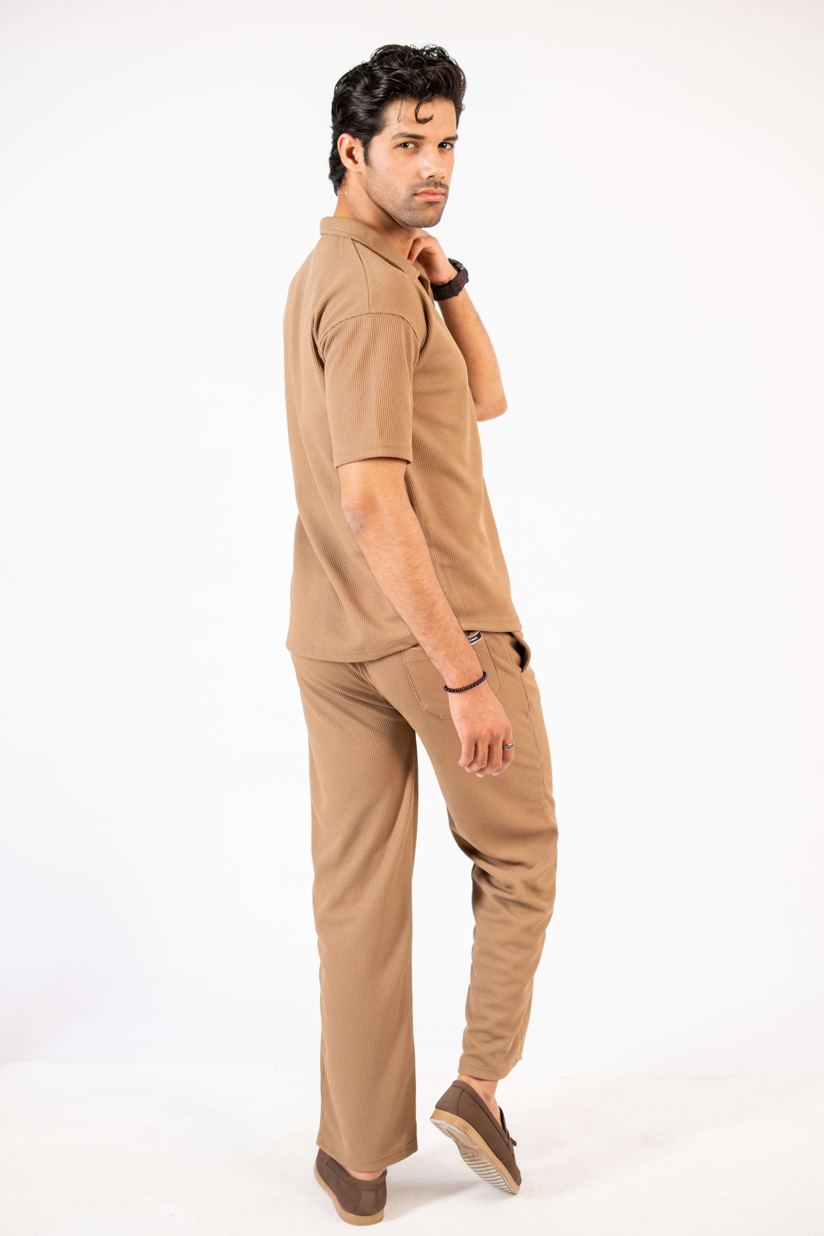Waffle Coffee Brown Half-Sleeve Safari Suit for Men B5