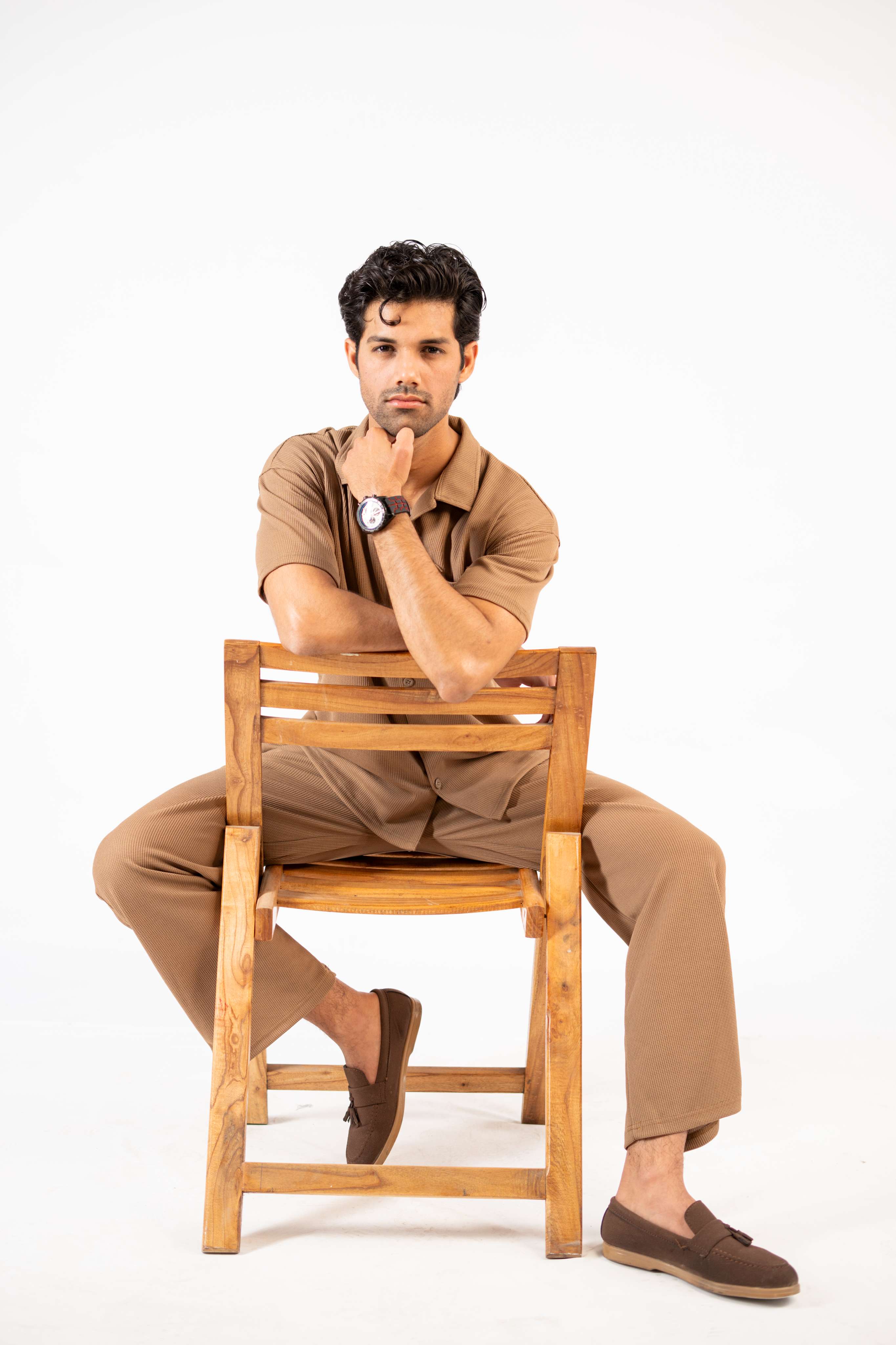 Waffle Coffee Brown Half-Sleeve Safari Suit for Men B5