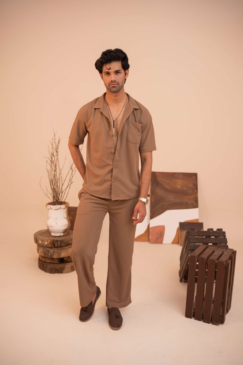 Waffle Coffee Brown Half-Sleeve Safari Suit for Men B5