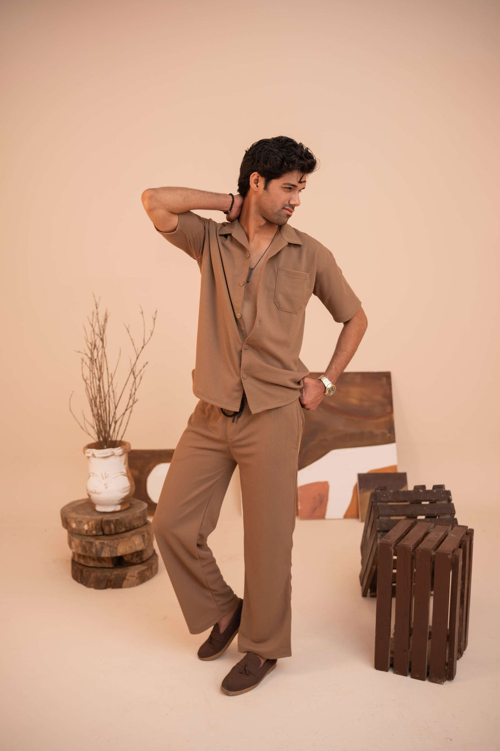 Waffle Coffee Brown Half-Sleeve Safari Suit for Men B5