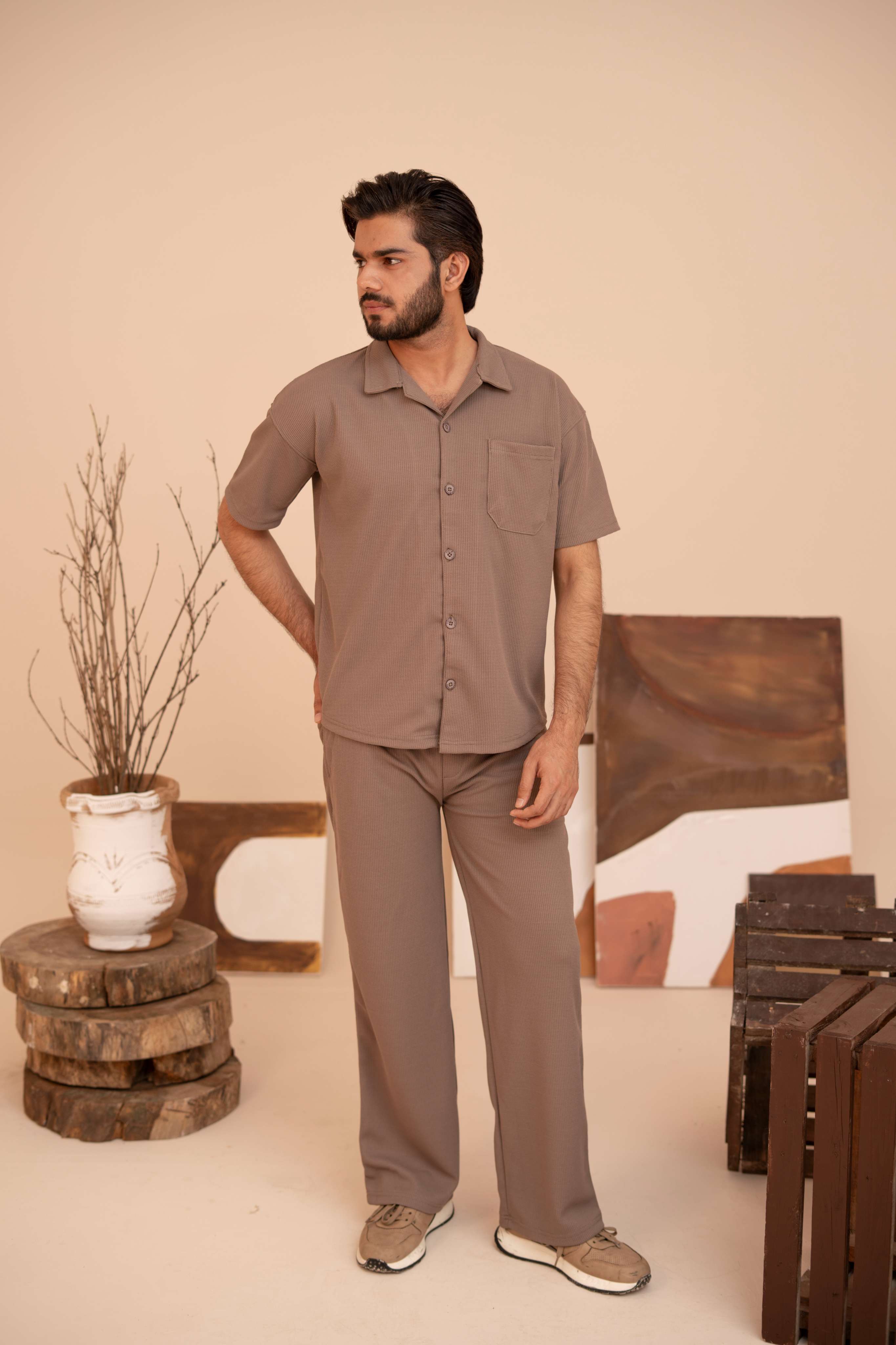 Waffle Chocolate Half-Sleeve Safari Suit for Men B8