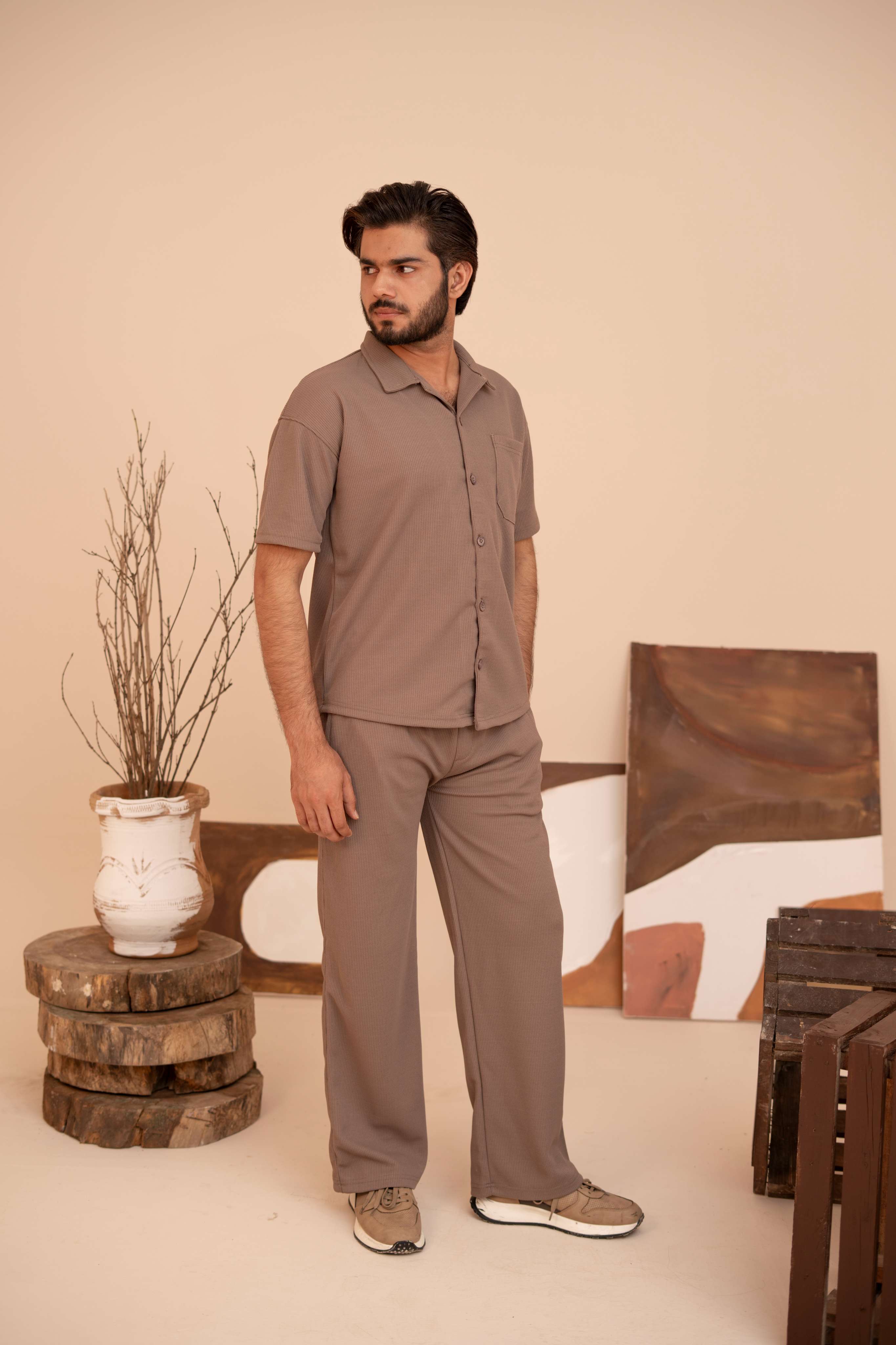 Waffle Chocolate Half-Sleeve Safari Suit for Men B8