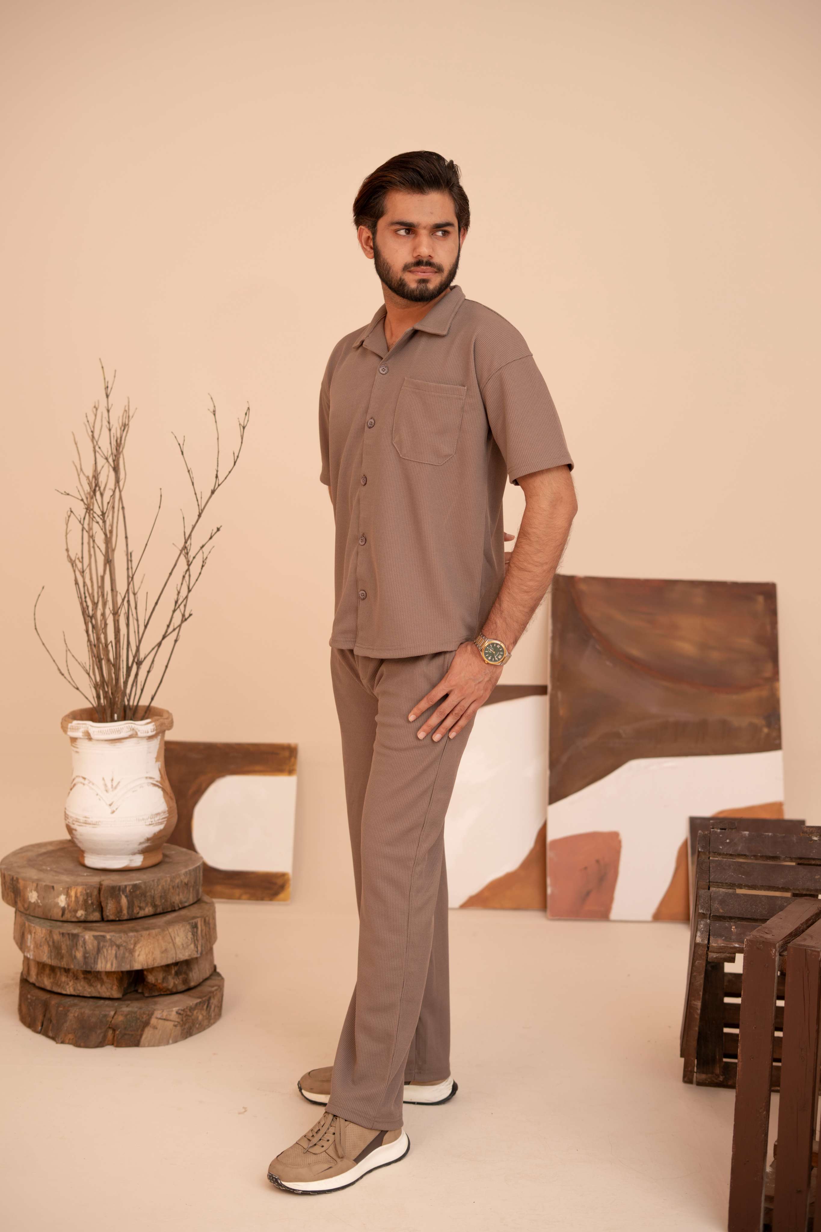 Waffle Chocolate Half-Sleeve Safari Suit for Men B8