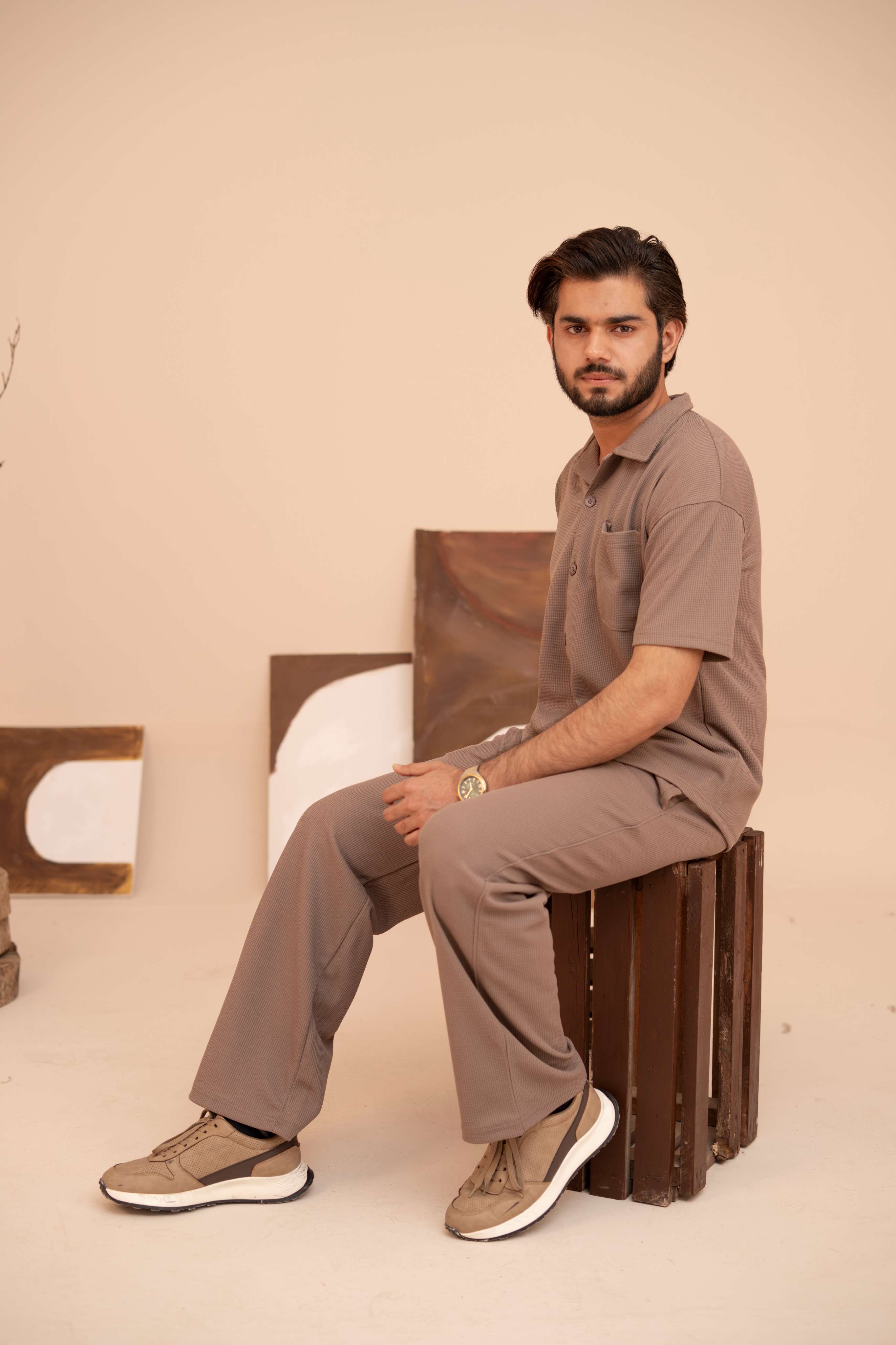 Waffle Chocolate Half-Sleeve Safari Suit for Men B8
