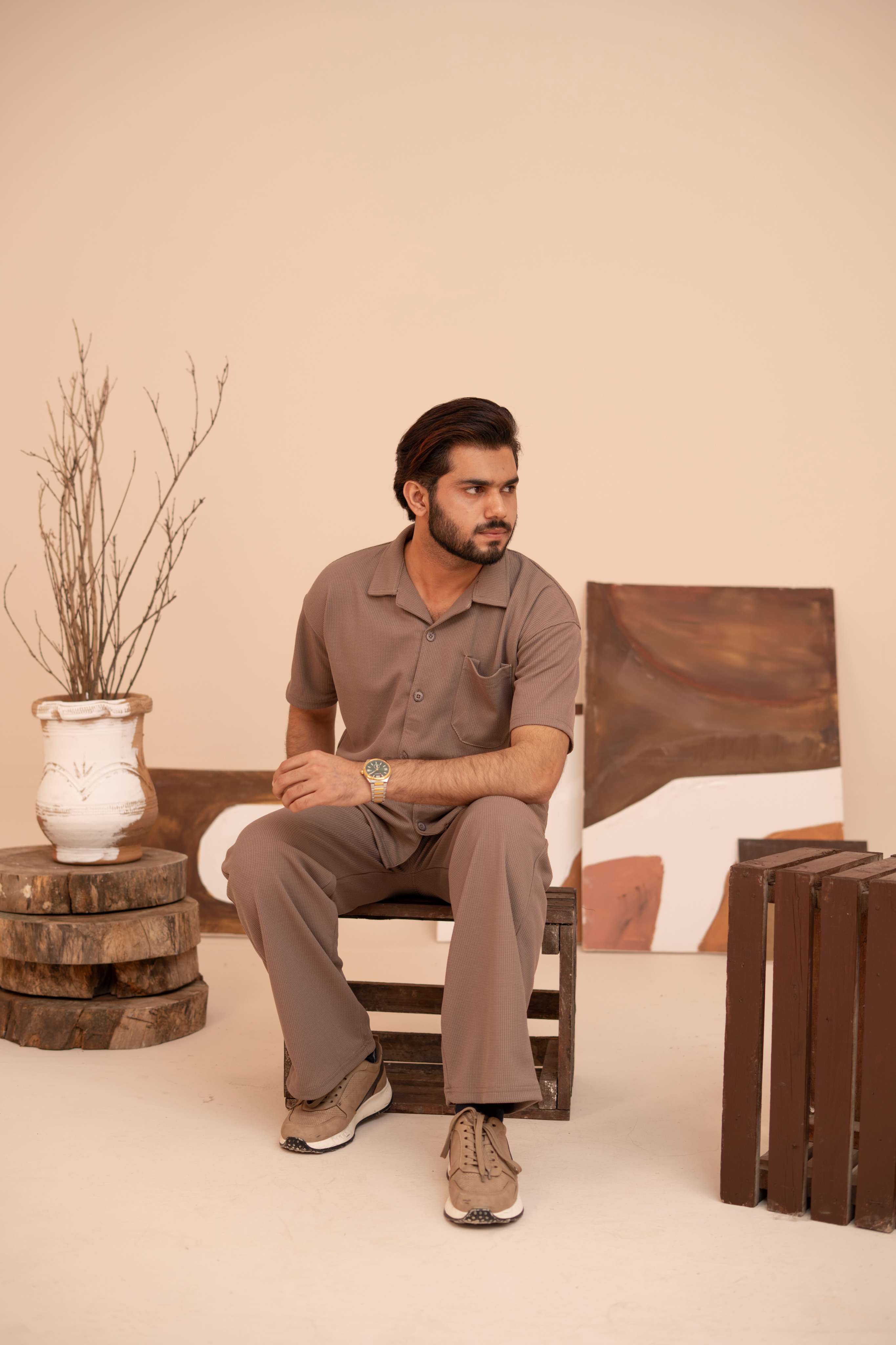 Waffle Chocolate Half-Sleeve Safari Suit for Men B8