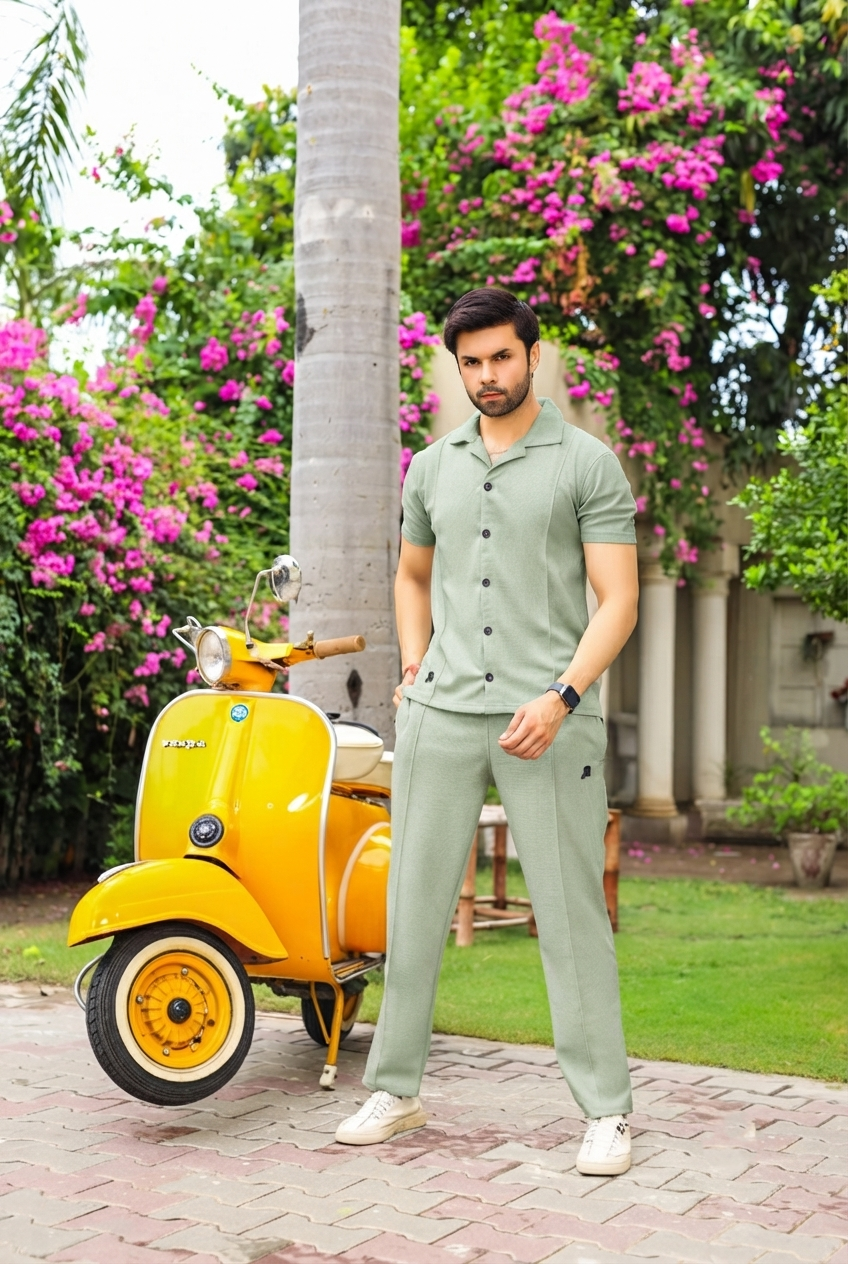 Light Green Half-Sleeve Safari Suit for Men B9