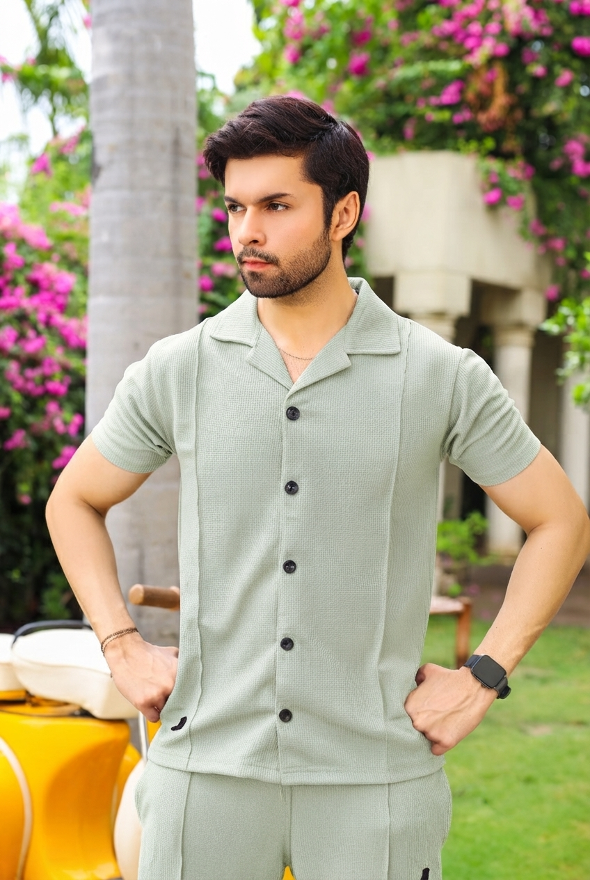 Light Green Half-Sleeve Safari Suit for Men B9