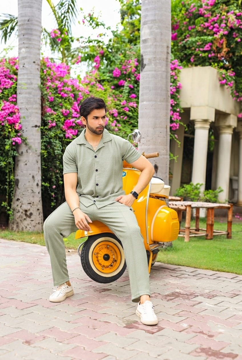 Light Green Half-Sleeve Safari Suit for Men B9