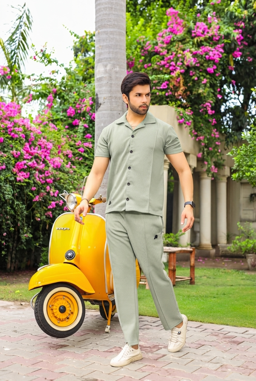 Light Green Half-Sleeve Safari Suit for Men B9